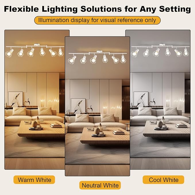 HiBay 6-Light Ceiling Track Lighting Fxiture White, Modern Spotlight, E26 | Rotatable 6 heads with farmhouse metal cage shade for kitchen living room dining area, bulb not included