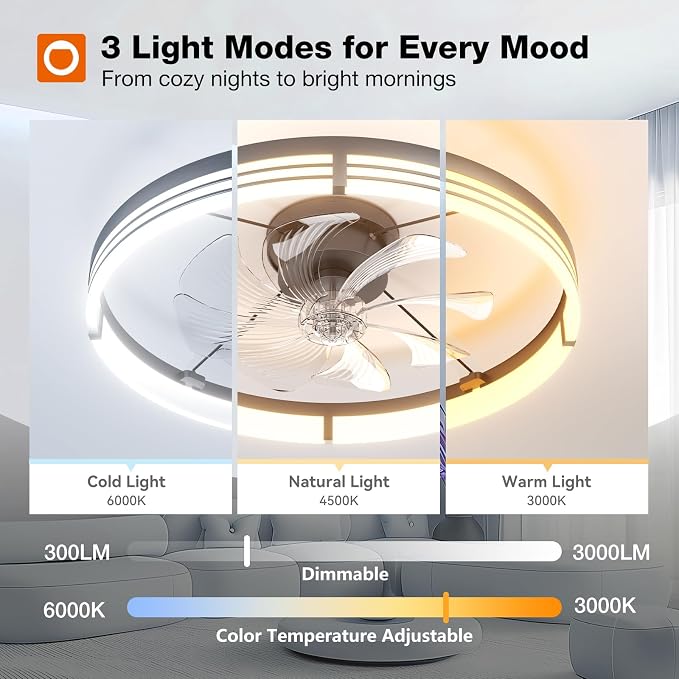 addlon 24" Low Profile Fandelier Ceiling Fans with Lights and Remote, Black | Wider Airflow, 3000-6000K Dimmable LED, 6 Speeds, Reversible DC Motor, Remote and App Control, Memory Function, Timer, Quiet
