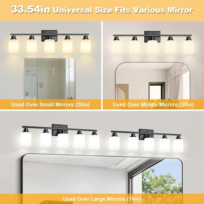 5-Light Bathroom Light Fixtures, Modern Black Vanity Light Over Mirror, Wall Sconces with Milky White Glass Shades for Living Room Bedroom Hallway E26 Base