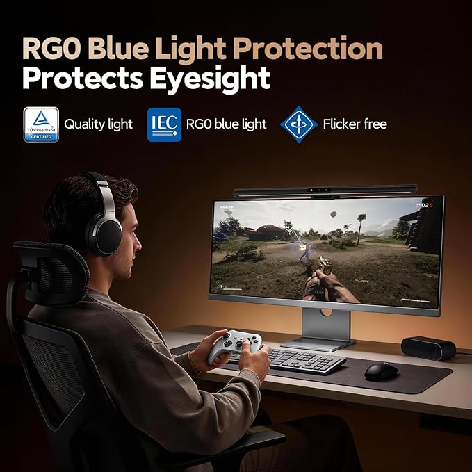 LYMAX Computer Monitor Light Bar with Wireless Remote, Motion Sensor, Fit for Flat/Curved Monitor, Adjustable Color Temperature with Auto-Dimming, Eye-Care USB-C Monitor Lamp, No Glare Desk Lamp