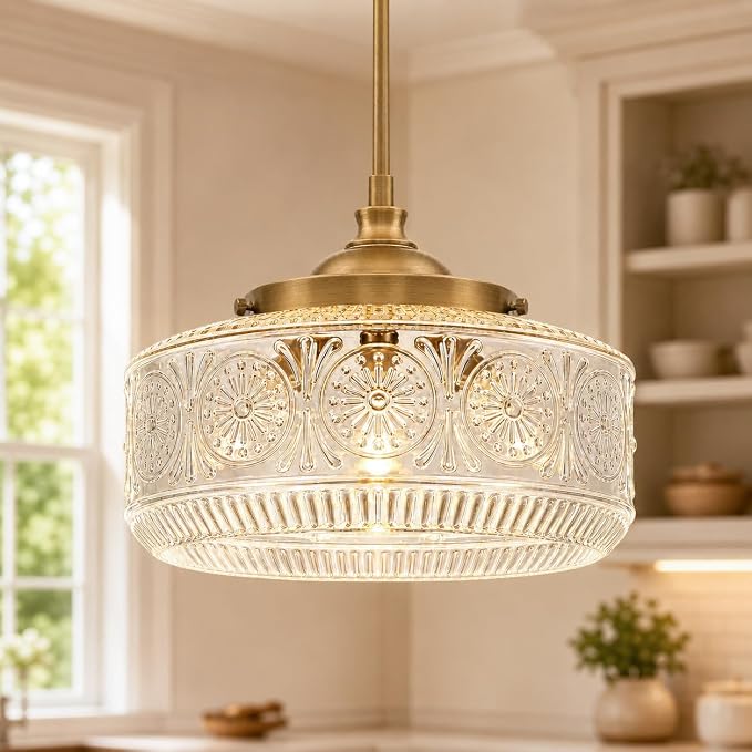 3-Light Vintage Gold Pendant Lights Kitchen Island with Clear Glass, Adjustable Pendant Lighting for Kitchen Island Pendant Light Convertible Ceiling Mount Or Hanging Fixture for Hallway Bathroom