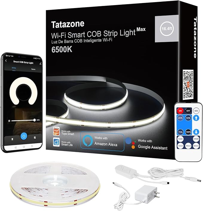 Tatazone WiFi Smart White COB Led Strip Light with Remote | 16.4ft, 6500K, Work with Alexa and Google, Timer, Group Control, Dimmable Daylight White for Cabinet, Room, Kitchen, Shelf