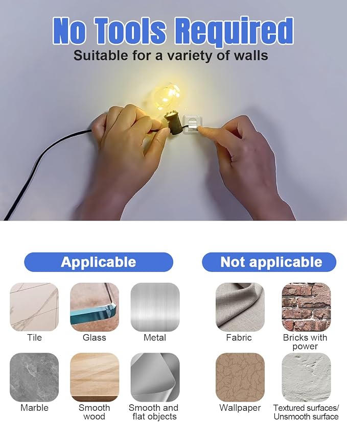 LZC 50 Pack Clear Adhesive Strips Hooks for Outdoor String Lights Clips | Large Square Heavy Duty Waterproof Sticky Light Hook Outside Hanging Rope Christmas Light Cable Cord Holders Organizer