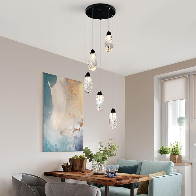 5-Light Modern Crystal Chandelier Dimmable Pendant Light Fixture with Black Teardrop Design Diamond Pendant Lighting for Kitchen Island, Dining Room, Hallway, Bathroom