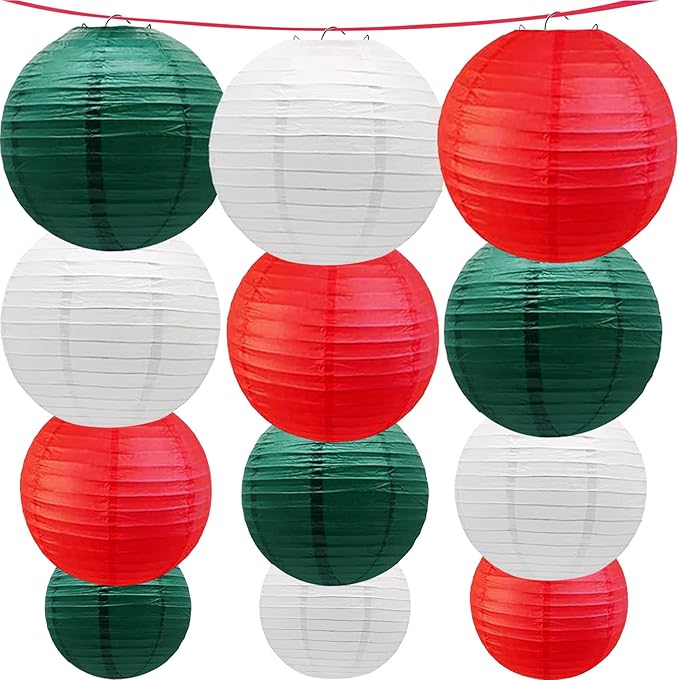 Red -White and Green Paper Lanterns 12Pcs Hanging Lanterns for Christmas Theme, Wedding, Birthday Party, Baby Shower Festive Decoration