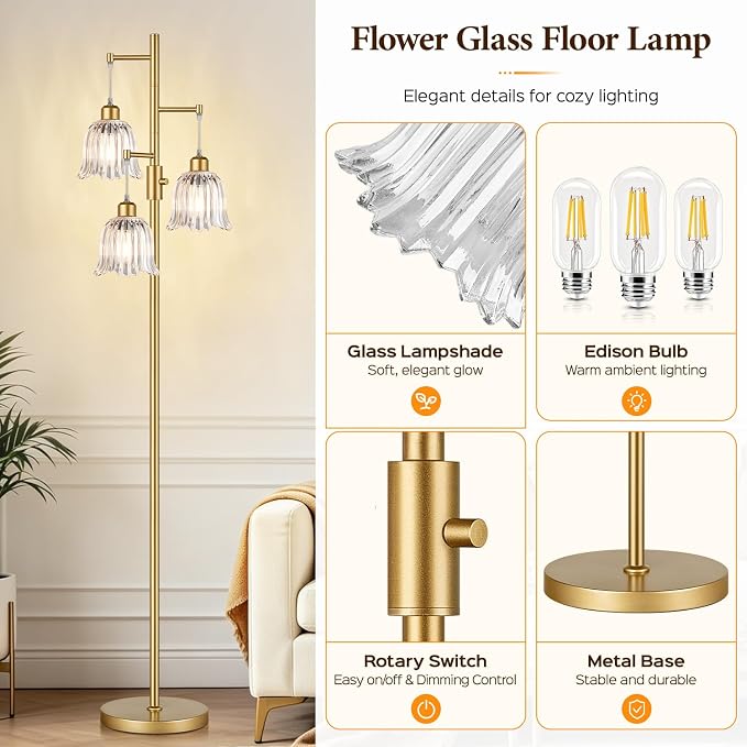 Dimmable Flower Floor Lamp, 3 x 900LM LED Bulbs Included, Modern | 70" Gold Tree Standing Lamp, 3 Lights Elegant Clear Glass Flower Shade, Vintage Floor Lamps for Living Room, Bedroom, Office