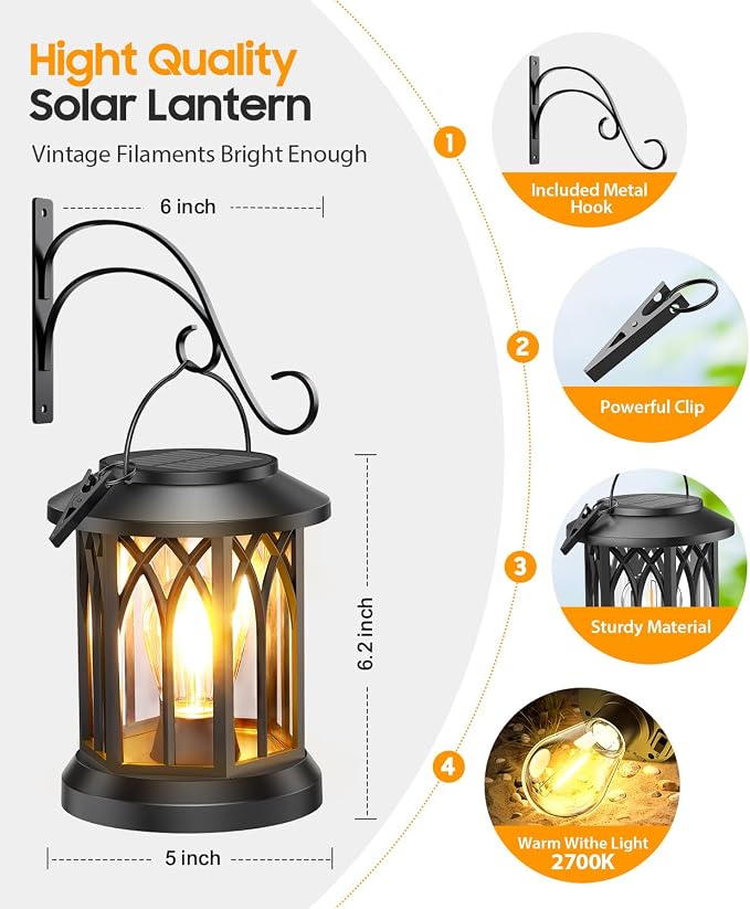 Solar Lanterns Outdoor Waterproof, Upgraded Hanging Solar Lights | Bright LED Lighting, Metal Wall Mount Kit, IP65 Waterproof, Over 12Hrs Glow for Fence, Yard, Patio, Garden Decor, Warm White