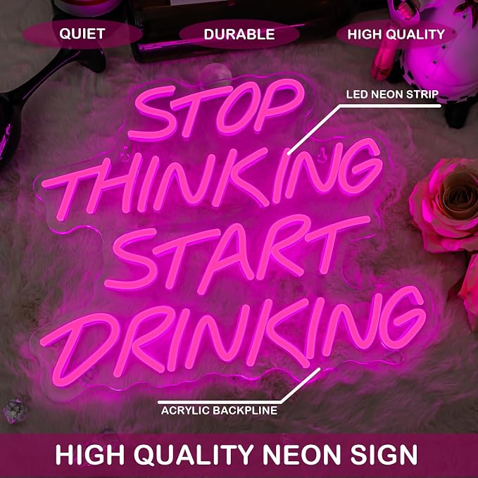 Stop Thinking Start Drinking Neon Sign Pink Led Neon Signs Letter Neon Lights Neon Bar Signs for Wall Decor USB Light Up Sign Neon for Home Bar Man Cave Party Club Restaurant