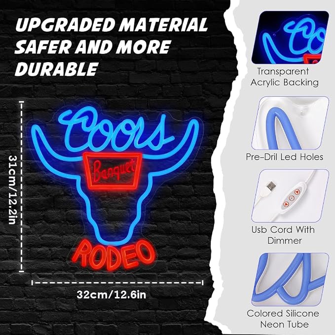 Western Cowboy Beer LED Neon Sign Dimmable USB 12.6"x12.2" Man Cave Decor | Western Rodeo Neon Light with 9 Brightness Adjustments, Cow Skull Bull Decor for Pub Club, Christmas Birthday Party Gift