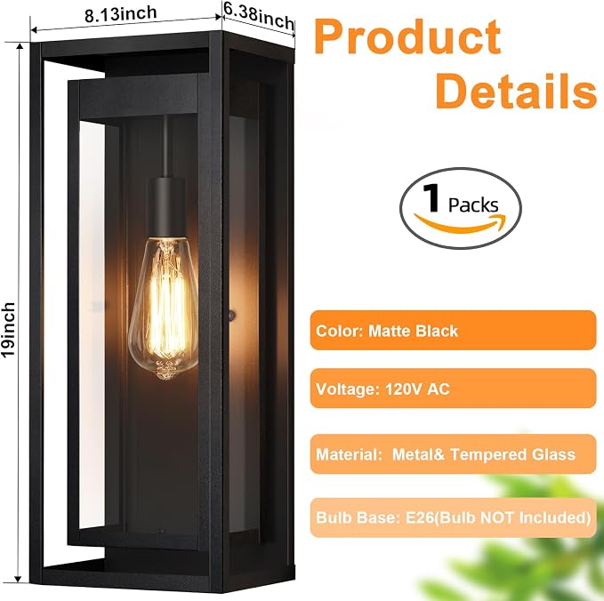 19" Large Outdoor Wall Light Fixtures, Black Porch Light | Large Size, Anti-Rust, Waterproof, Tempered Glass, Easy Installation, Modern Exterior Sconces for House Entryway Garage