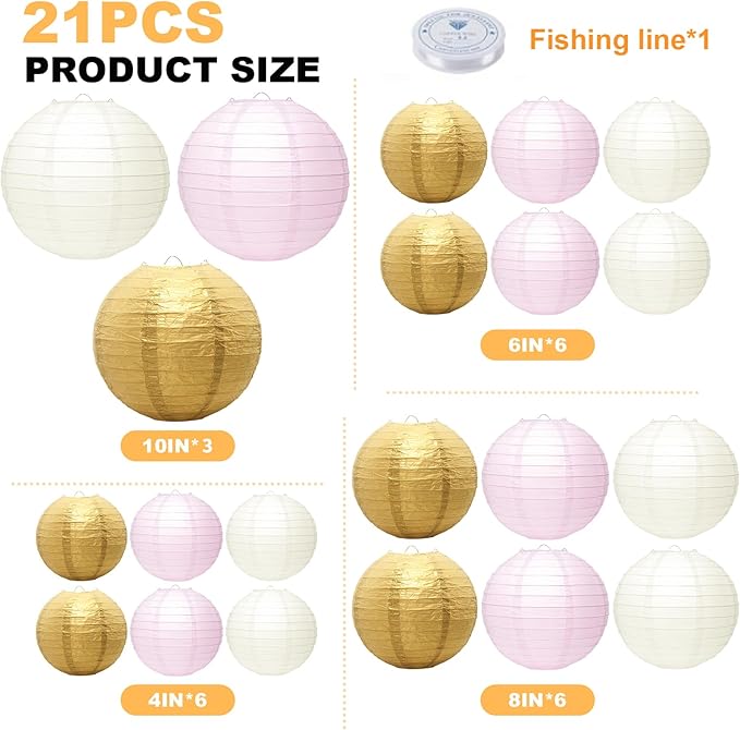 21 Pcs Paper Lanterns Party Decorations, 4/6/8/10 Inch Round Chinese Hanging Paper Lanterns for Wedding, Birthday, Baby Shower, Graduation, Classroom Ceiling Decorations Indoor Outdoor