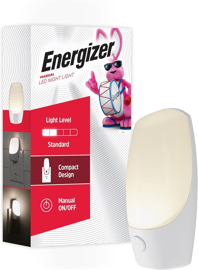 Energizer Night Light Plug into Wall with Manual On Off Switch | Soft White, Plug in LED Nightlight for Adults, Kids, Bedroom, Bathroom, Nursery, Hallway, Kitchen, ETL Safety Listed