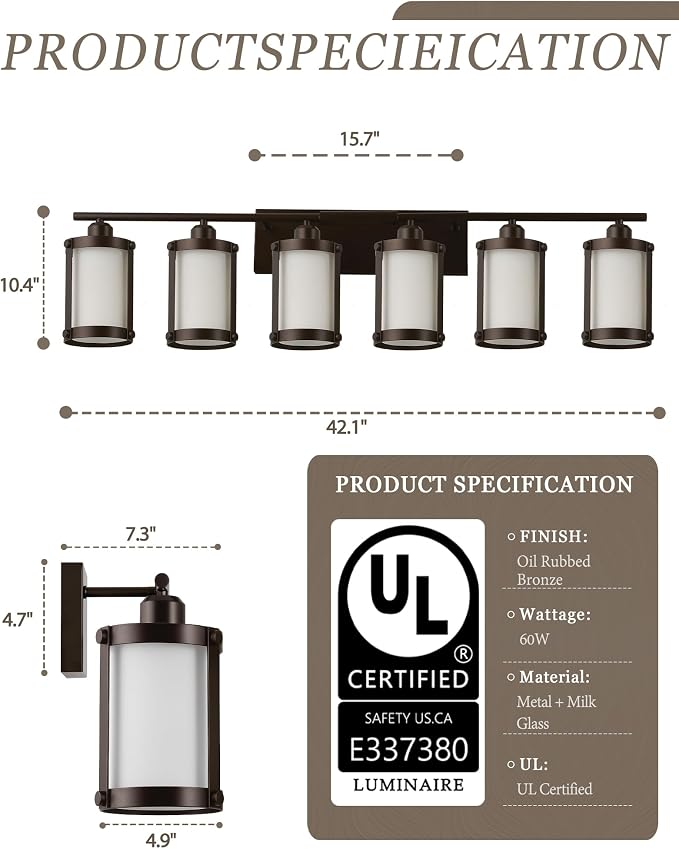 6-Light Oil Rubbed Bronze Bathroom Light Fixtures Over Mirror with Frosted Milk Glass and Metal Cage Shade, 42" UL-Listed Modern Farmhouse Wall Sconce for Bath, Hardwire E26, OS-3014ORBW-6W