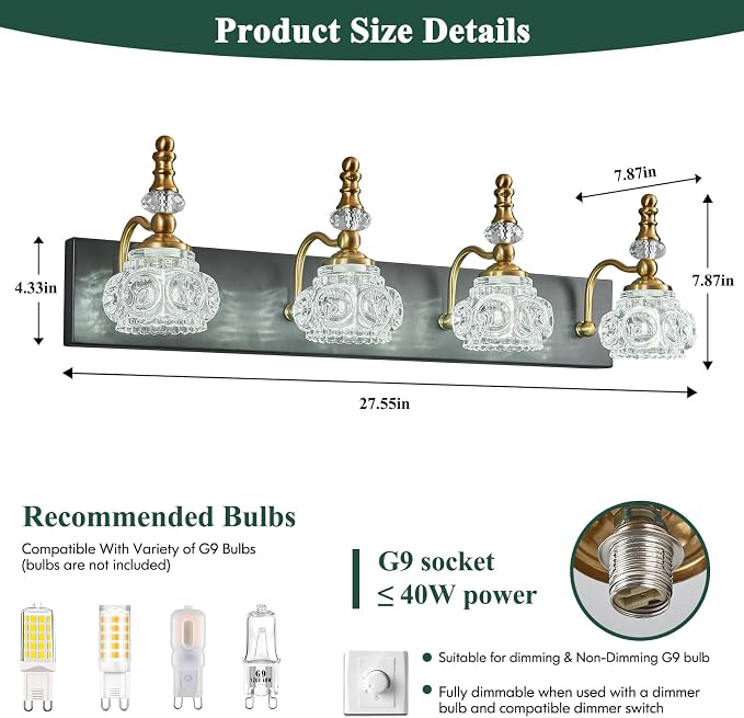 Bathroom Light Fixtures, Modern Glass Crystal Bathroom Vanity Light Vintage Bathroom Lighting Fixtures Over Mirror 4 Light Vanity Lights G9 Bulb (27.55 Inch, Black Gold)