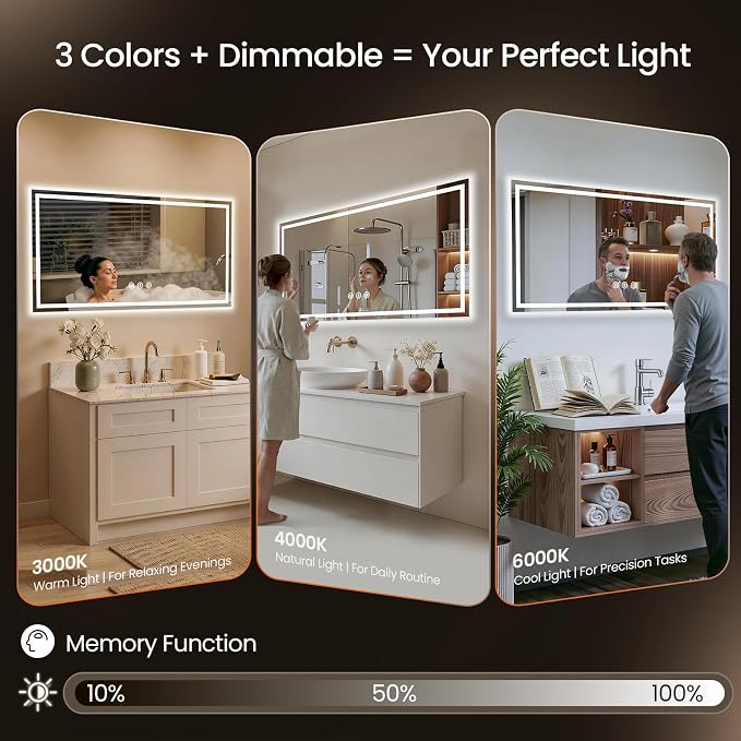 48x24 LED Bathroom Mirror with Anti-Fog, Backlit & Front Lit, Memory | Stepless Dimmable 3 Color CRI 95+ Shatterproof Tempered Glass ETL Listed for Safety Lighted Bathroom Vanity Mirror for Wall