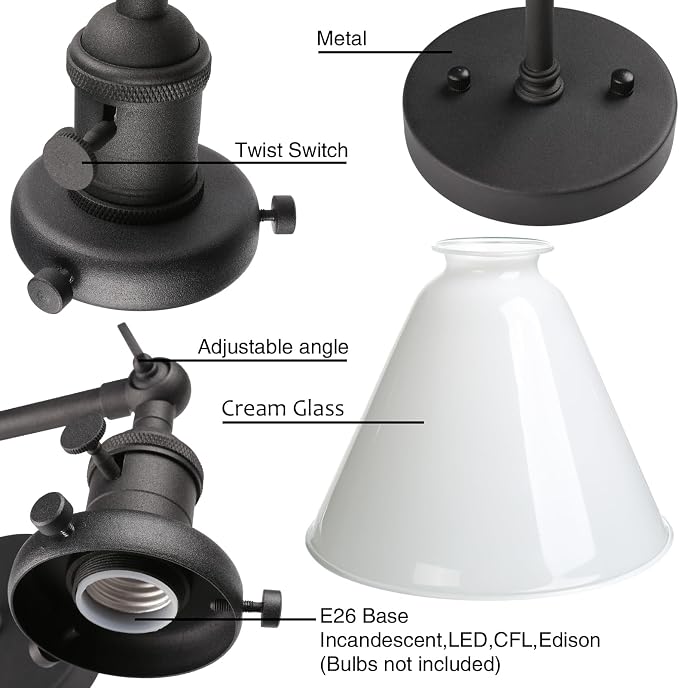 Double Sconce Vintage Industrial Black 2-Lights Wall Sconces with Funnel Flared Glass Milk Glass Shade Antique Scocne for Bathroom Living Room Home Office