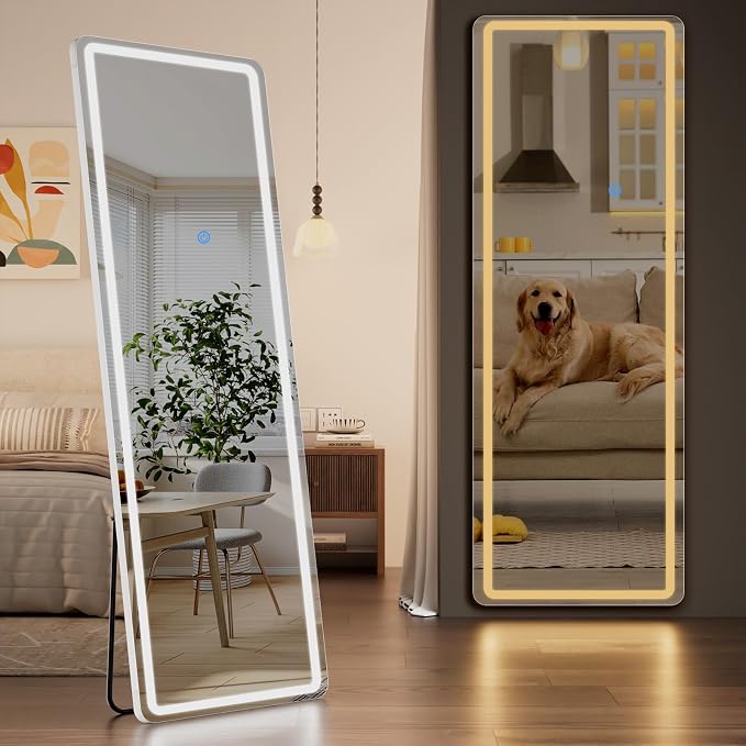 Koonmi Full Length Mirror with LED Lights, 71"x26" Lighted Mirror with Dimming & 3 Color Lighting, Big Mirror for Bedroom, Dressing Room, Rectangle,White
