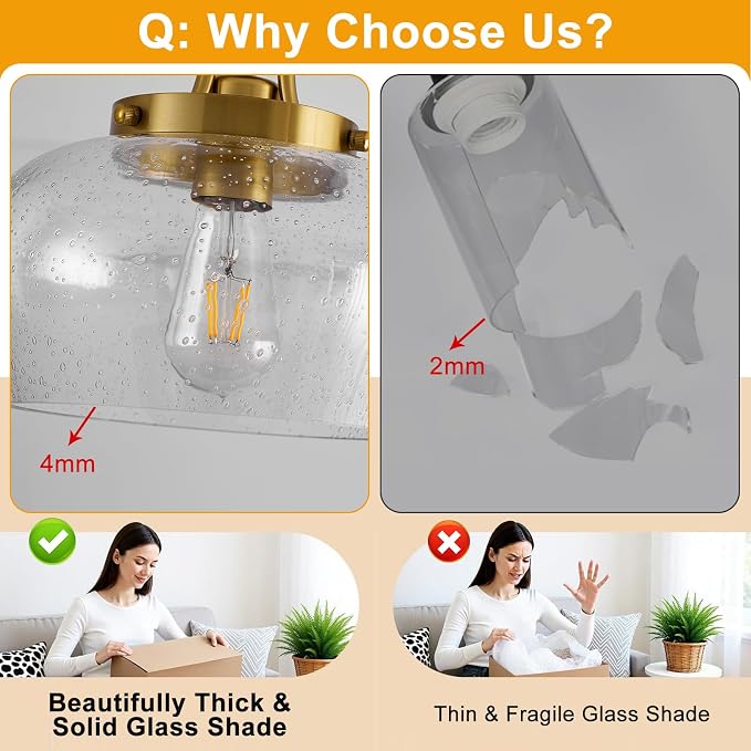 Modern Pendant Lights Kitchen Island, Brushed Gold Pendant Light Fixtures with 10" Clear Air Bubble Glass Shade, Industrial Hanging Pendant Lights Fixture for Kitchen Island Dining Room Entryway