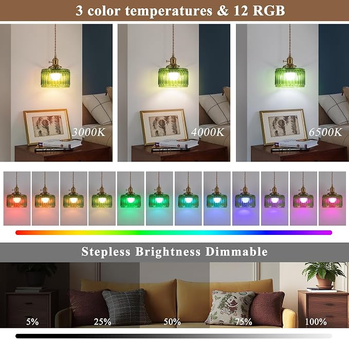 Battery Operated Pendant Light,Vintage Light Fixtures RGB Rechargeable Light Bulb 2500mAh 6.6in with Remote Control Wireless Adjustable Chandelier for Kitchen Island Hallway 1 Light