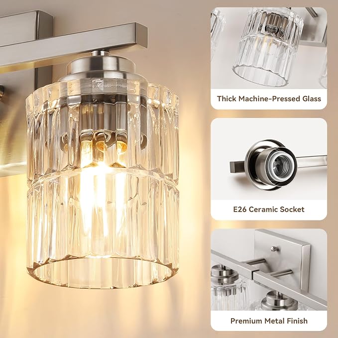 TALOYA Nickel 4Light Bathroom Vanity Light with Fluted Cylinder Glass Shade | Modern Vanity Lighting Fixtures, Bathroom Lights Over Mirror, Wall Mount Mirror Light Fixtures for Bathroom Hallway Bedroom