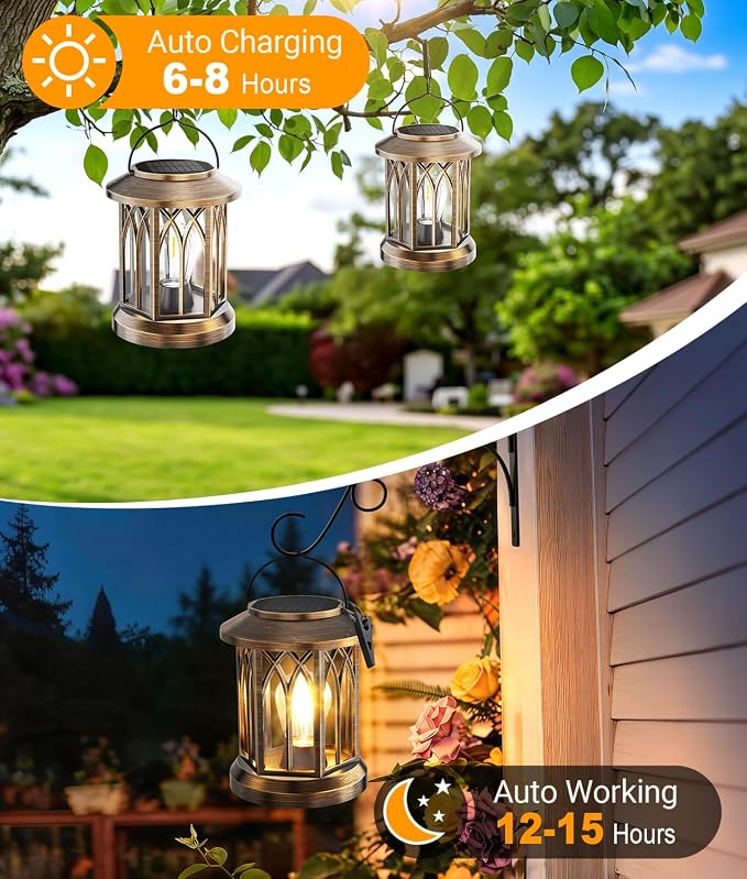Solar Lantern Outdoor Lights with Wall Mount Kit, 2 Pack Upgraded Solar Lanterns Outdoor Waterproof, Hanging Solar Lights for Outside Decorative Yard Patio Path Porch Garden(Antique Copper)