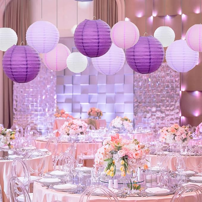 Purple Paper Lanterns 12 Pcs Assorted Size of 6" 8" 10" 12" Chinese Round Paper Hanging Decorations Ball Lanterns Lamps for Home Decorations, Parties, and Weddings