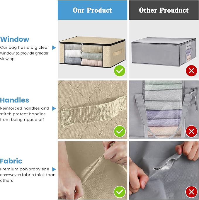 HomeHacks 10-Pack Clothes Organizer Storage Bags, 35L Storage Bins, Beige | Foldable Storage Box Container with Zippers, Clear Window, Reinforced Handles for Closet, Dorm, Pillows, Bedding, Sweater