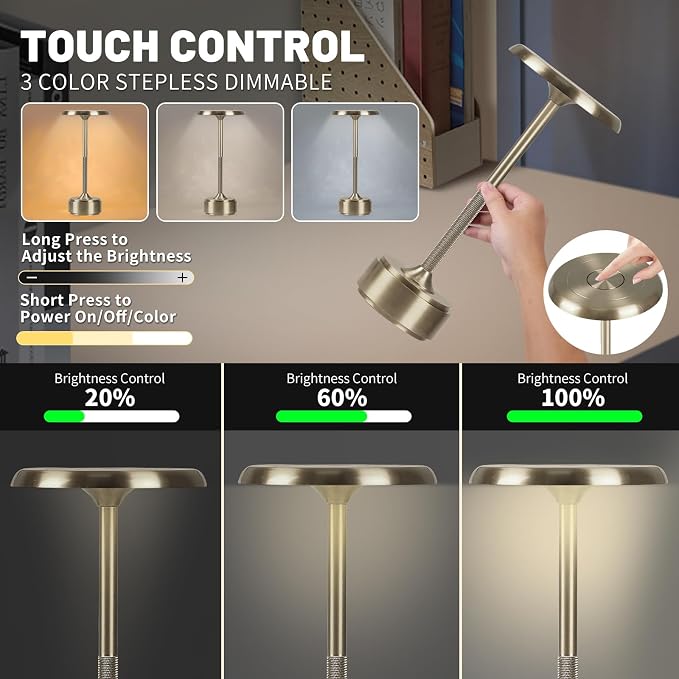Cordless Rechargeable Modern Metal Table Lamp, Touch Dimming, 3-Color | Sliver, 5200mAh Battery, Portable LED Desk Light, Touch Sensor, Suitable for Night Light/Restaurant/Night Stand/Coffee/Bar