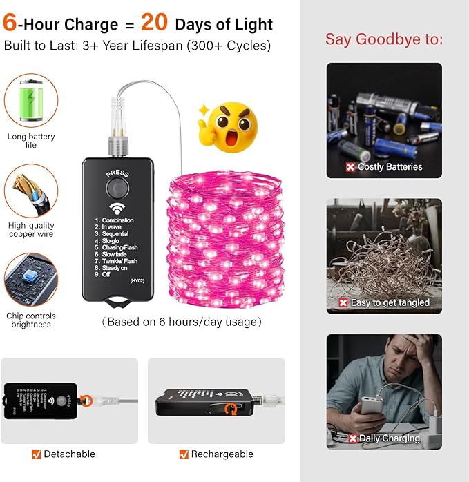 ZSJWL Rechargeable Fairy Lights with Remote，66ft 200 LED Outdoor Battery String Lights with DIY Timer & Light Sensor, Waterproof Dimmable Twinkle Light for Tree Christmas Indoor, Pink