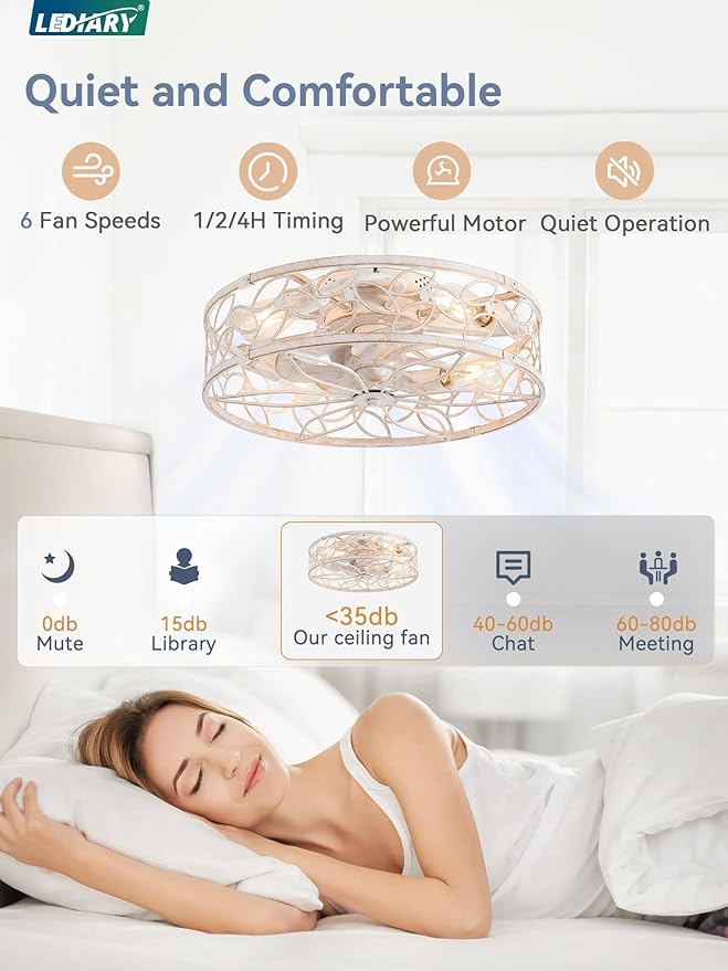 LEDIARY 20" Caged Ceiling Fan with Light, Flush Mount Fandalier with Remote | Low Profile, Farmhouse Small, Bladeless Industrial, Quiet DC Motor, App Control for Bedroom, Kitchen, Dining Room, White Gold