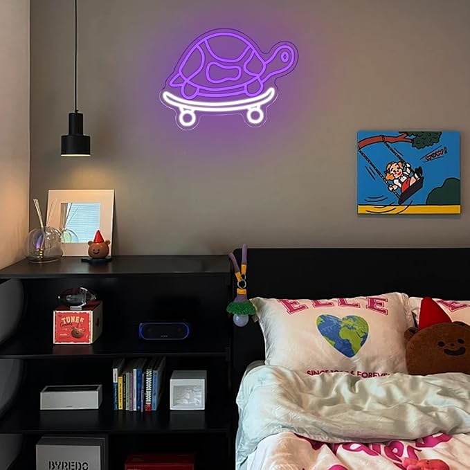 Skateboard Turtle Neon Sign for Wall Decor Skateboarding Neon Light Sea Creature Led Light Sign Ocean Led Neon Wall Sign for Bedroom Skatepark Zoo Fish Shop