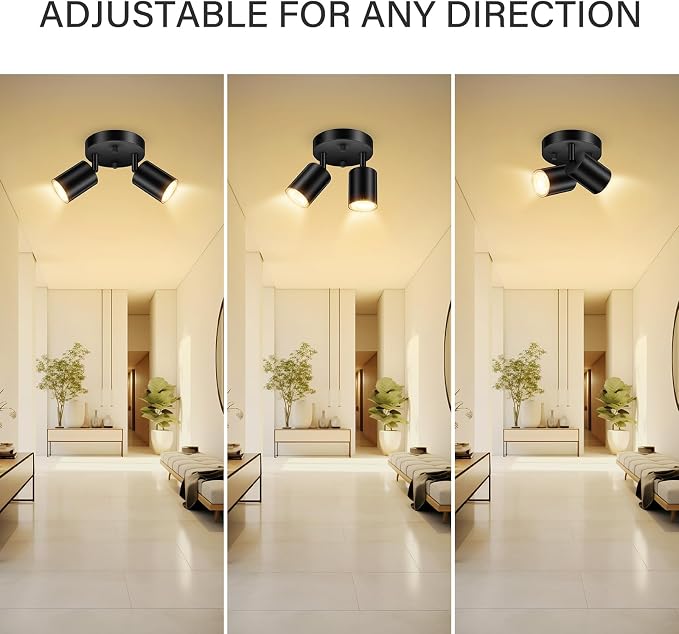 AUQUEE LED 2 Light Track Lighting Kit, LED Track Lighting Fixtures, Black Round Ceiling Spot Lighting, Flexibly Rotatable Light Head for Kitchen, Living Room, Bedroom, GU10 Bulb Not Included
