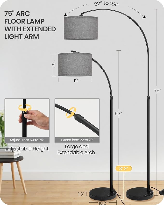 Arc Floor Lamp with Marble Base and Adjustable Height, Rotating Hanging Shade, Dimmable Floor Lamp for Living Room with Remote and Foot Switch, 3 Color Temperature, Brushed Nickel SNH15LD05