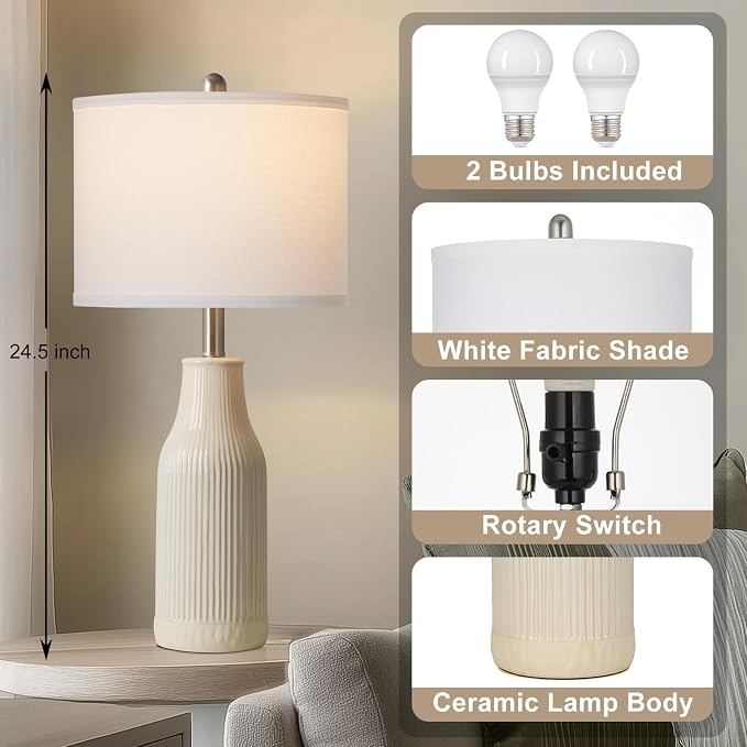 24.5" Ceramic Table Lamps Set of 2, Modern Farmhouse Bedside Lamps for Bedroom Nightstand, Small Table Lamp for Living Room End Table, Beige (2 LED Bulbs Included)