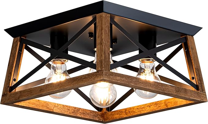 4-Light Famrhouse Light Fixture, Rustic Ceiling Light with Wood and Metal Frame, Farmhouse Flush Mount Ceiling Light for Hallway, Entryway, Bedroom, Kitchen, Living Room