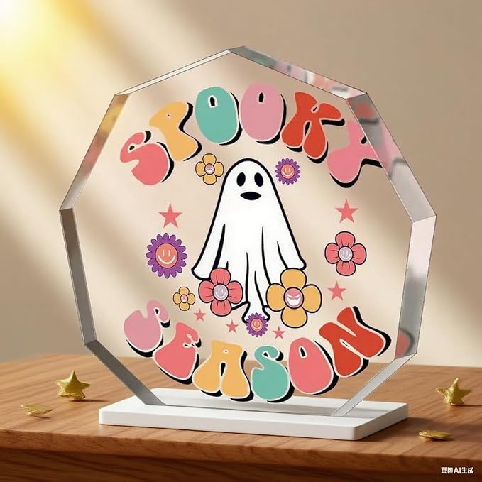 Cute Halloween Ornaments Clear Acrylic Enneagon Shaped Desk Sign Little Ghost & Flower Theme Plaque Happy Halloween Decorations for Holiday Party Home, Desktop Ornament Gifts