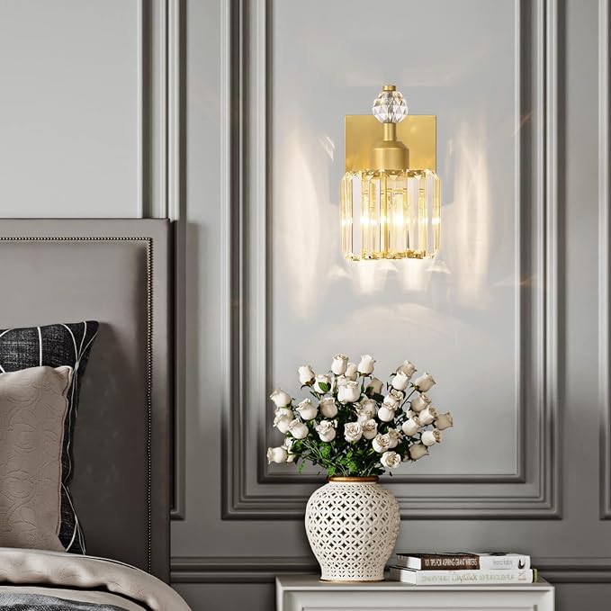 PRESDE Single Crystal Wall Sconce, Modern Gold Vanity Light Fixture, 1-Light Wall Lamp for Bathroom Bedroom Hallway