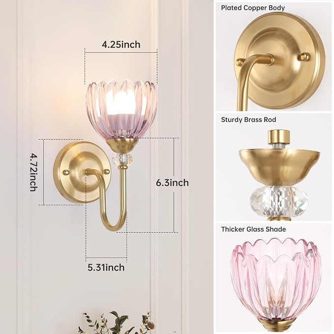 Set of 2 Vintage Battery Operated Wall Sconce, Rechargeable Wall Lamp with 5000mAh Battery & Remote Control, Dimmable Wall Lights with tulip shade for Bedroom Bathroom Living Room, (Tulip Pink Up)