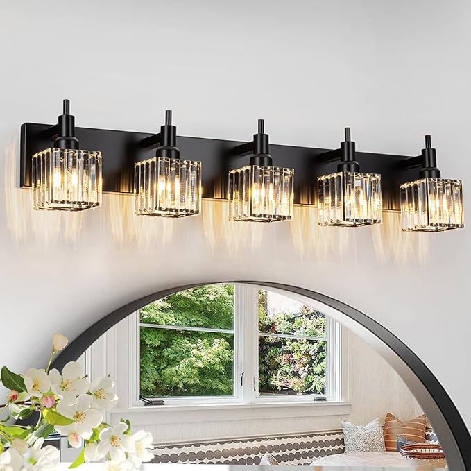 Black Crystal Bathroom Vanity Light 5-Light Modern Bathroom Lighting Fixtures Over Mirror Wall Light Fixtures