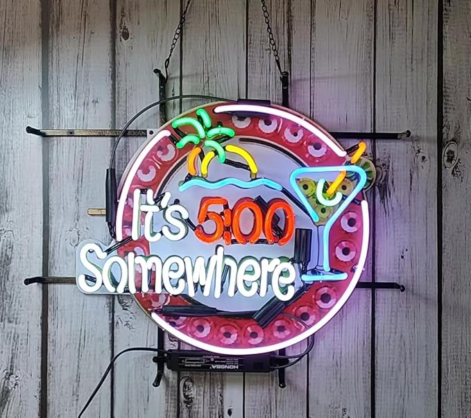 Neon Signs Compatible For It's 5:00 Somewhere Palm Tree Martini Beer Bar Bedroom Light Glass Neon Signs for Pub Cafe Man Cave Neon Light Art Wall Lights 24 X 20 Inches