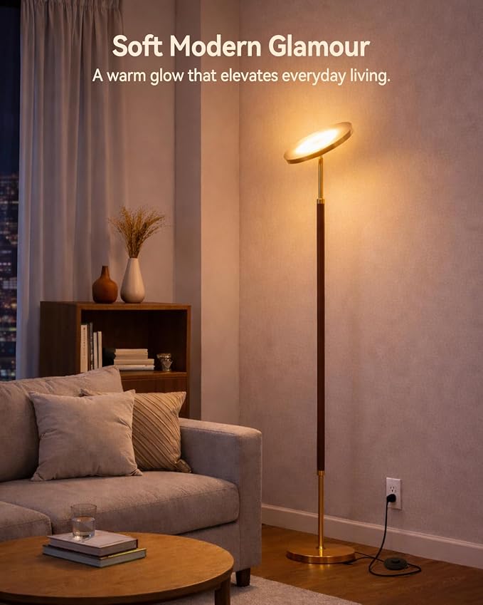 Wood LED Torchiere Floor Lamp with Remote, 3000LM Dimmable | 69" Tall Uplight, 3000K-6500K Color Temperature, 1-Hour Timer, Eye-Caring Lighting, For Living Room, Bedroom & Office