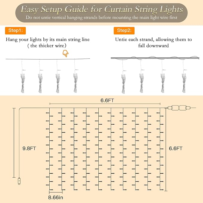 Curtain String Lights Indoor, 200LED 6.6 * 6.6FT USB Plug-in Window Curtain Lights with Timer and 8 Modes, Waterproof Multicolor Curtain Fairy Lights for Bedroom Room Wedding Outdoor Decor