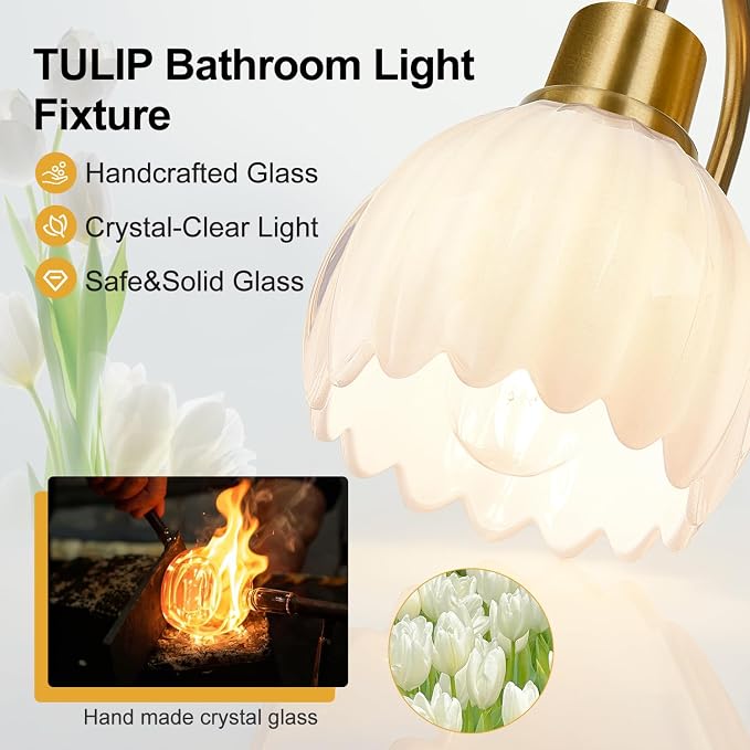 Bathroom Light Fixtures, 3-Light Gold Vanity Light Fixtures with White Tulip Glass Shades, Bathroom Lighting Fixtures Over Mirror for Bedroom, Living Room & Hallway (Bulbs Not Included)