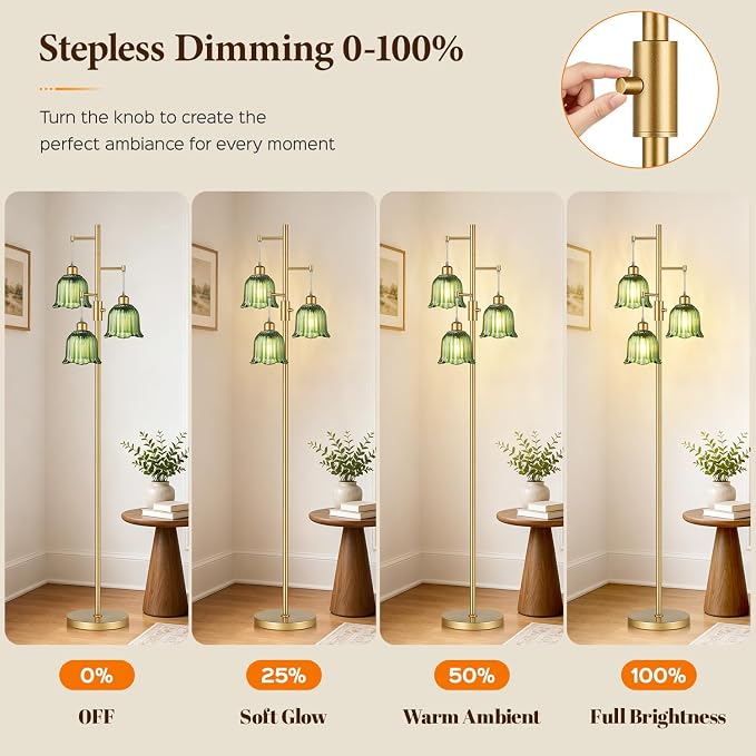 Dimmable Flower Floor Lamp, 3 x 900LM LED Bulbs Included, Modern | 70" Gold Tree Standing Lamp, 3 Lights Elegant Green Glass Flower Shade, Vintage Floor Lamps for Living Room, Bedroom, Office