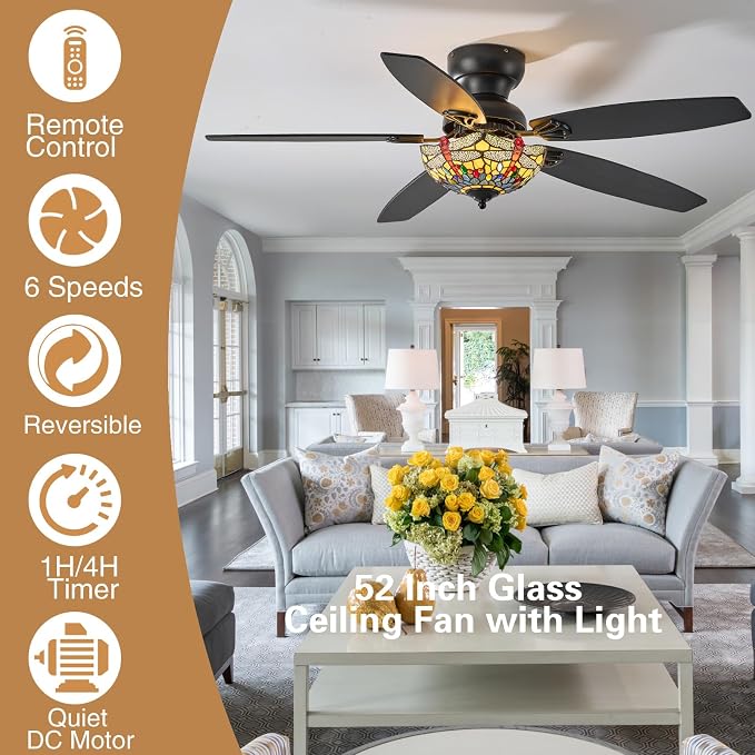 Tiffany Ceiling Fans with Lights-52"Ceiling Fan Chandelier and Glass Shade | 52" Ceiling Fan Chandelier with 5 Dual-Blades and Glass Shade, 6 Speeds and Reversible, Indoor and Outdoor, Retro Style
