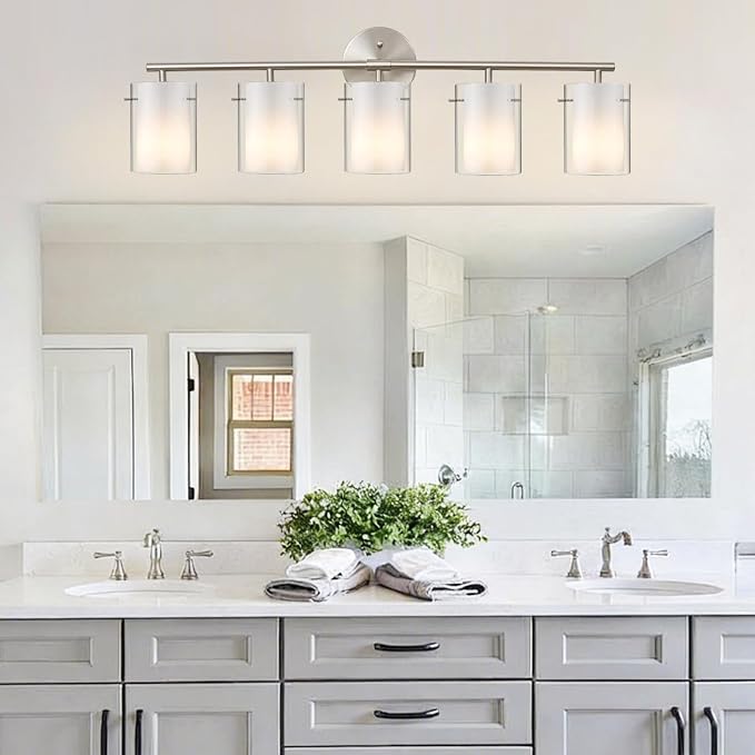 Brushed Nickel Bathroom Light Fixtures Over Mirror, 5-Light 33-Inch Vanity Lights with Dual Glass Shades, Eye-Friendly Modern Vanity Lights for Bathroom Bedroom Living Room Hallway