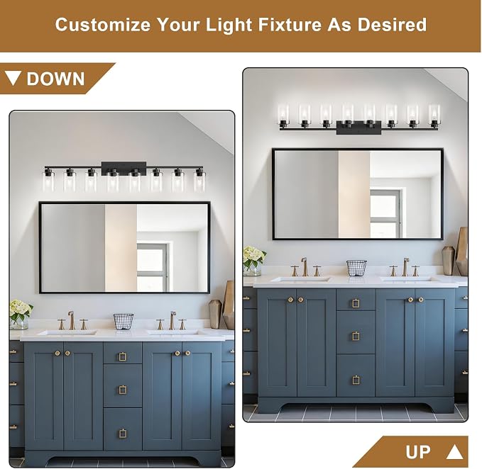 IZORRO Modern Bathroom Light Fixtures, 8 Light Black Vanity Lights, Bathroom Lighting Fixtures Over Mirror with Clear Glass for Living Room Cabinet Bedroom