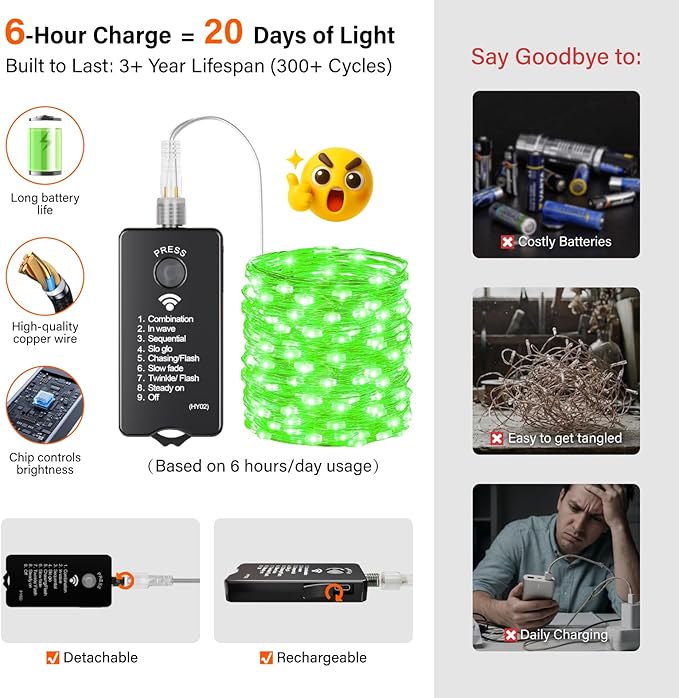 ZSJWL Rechargeable Fairy Lights with Remote，66ft 200 LED Outdoor Battery String Lights with DIY Timer & Light Sensor, Waterproof Dimmable Twinkle Light for Tree Christmas Indoor, Green