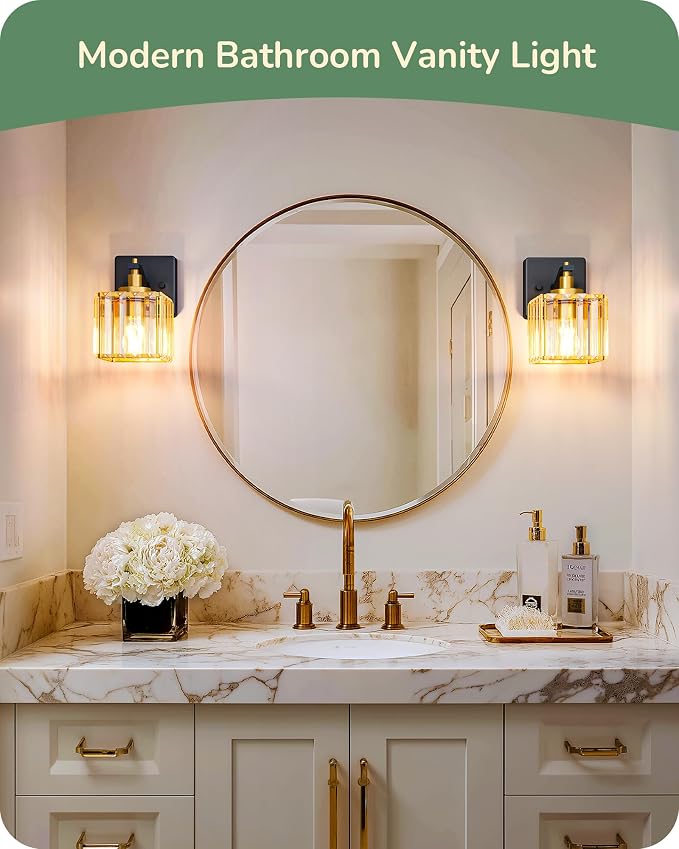 EDISHINE Black Gold Bathroom Vanity Light Fixtures with Crystal Shade, E26 | Set of Two, 1-Light, Up Down Mounting, Wall Sconces for Bathroom, Powder Room, Dressing Areas