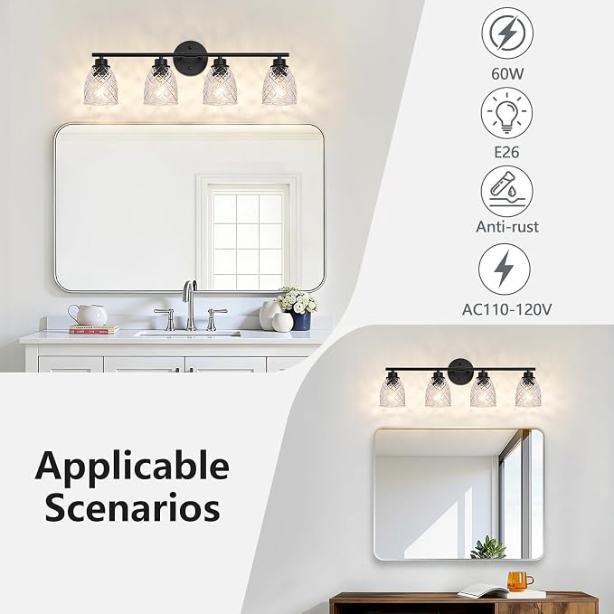 4-Light Vanity Light Over Mirror, Black Bathroom Light Fixtures | Modern Farmhouse Wall Sconces with Hammered Glass Lampshade for Kitchen Hallway Bedroom Living Room Cabinet Porch-27.5IN